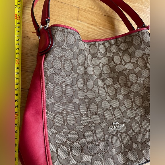 Coach Shoulder Bag.  Canvas & Red Leather. - Picture 11 of 12